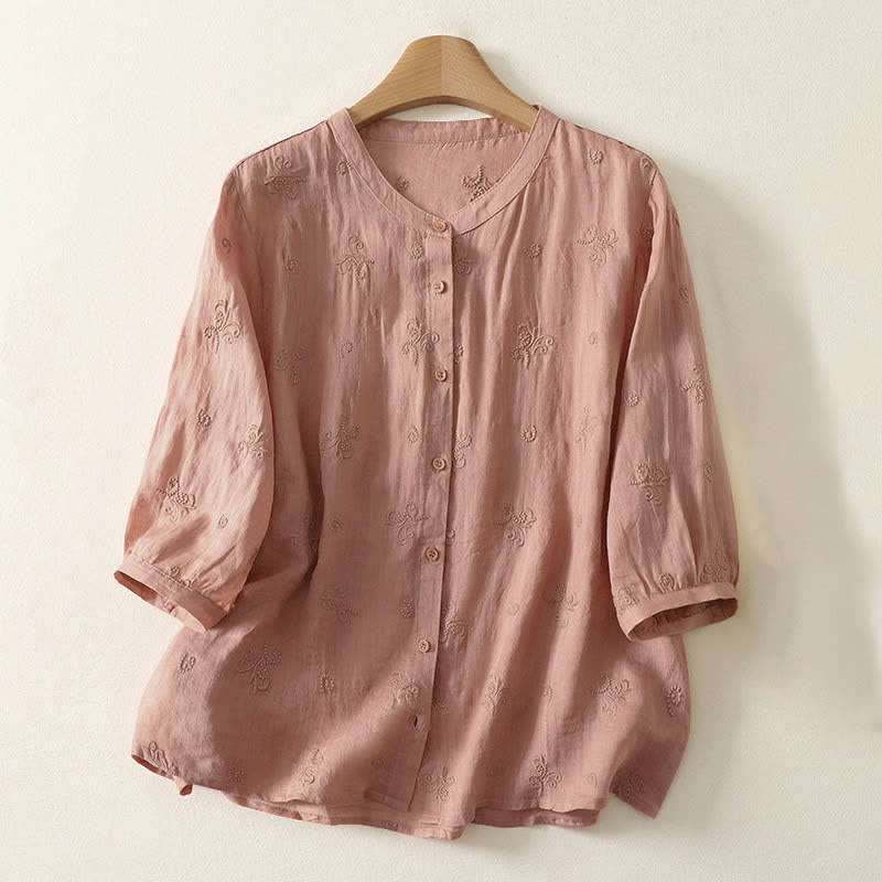 Buddha Stones Camicia da donna a maniche corte con bottoni e ricami floreali in stile retrò. - Salmone scuro - US8-10, UK/AU12-14, EU40-42 (2XL) - image 4