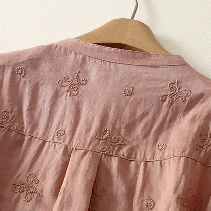 Buddha Stones Camicia da donna a maniche corte con bottoni e ricami floreali in stile retrò. - image 7