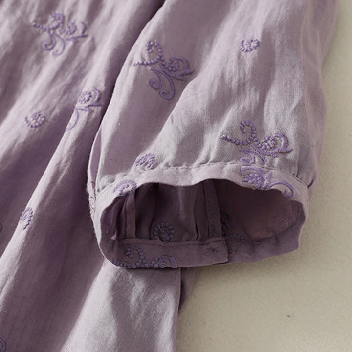 Buddha Stones Camicia da donna a maniche corte con bottoni e ricami floreali in stile retrò. - image 2