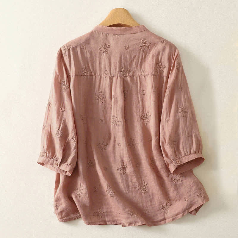 Buddha Stones Camicia da donna a maniche corte con bottoni e ricami floreali in stile retrò. - image 5