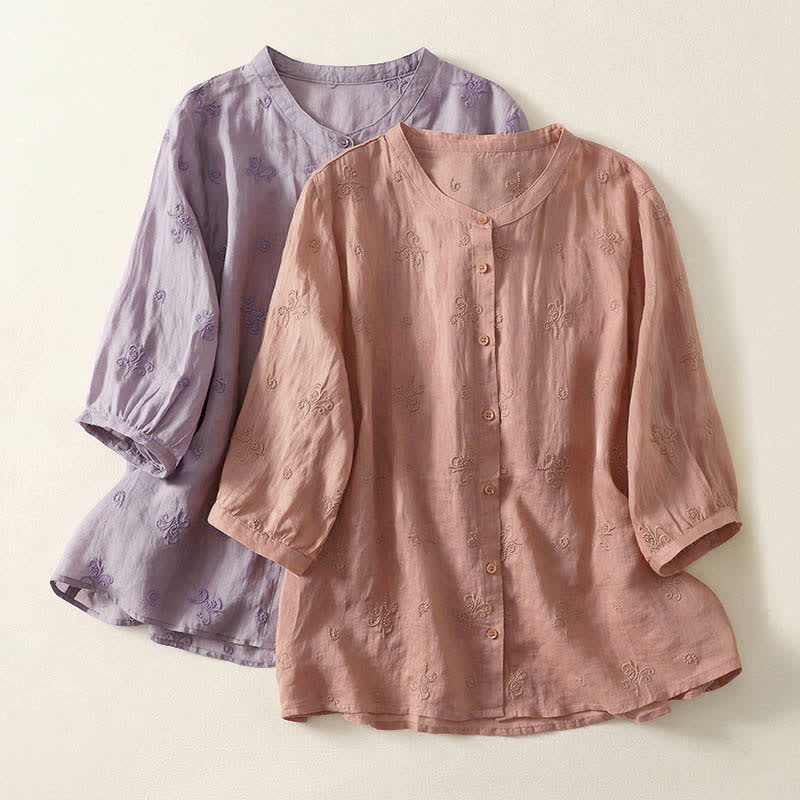 Buddha Stones Camicia da donna a maniche corte con bottoni e ricami floreali in stile retrò. - image 13