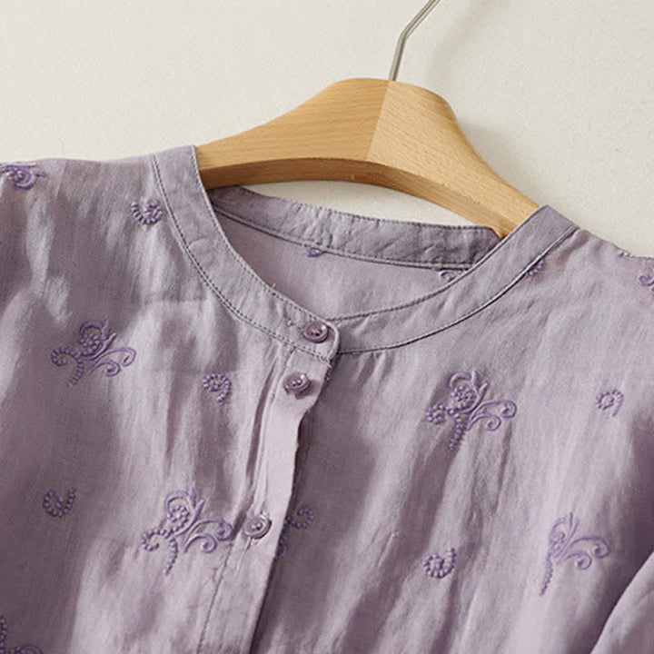 Buddha Stones Camicia da donna a maniche corte con bottoni e ricami floreali in stile retrò. - image 1