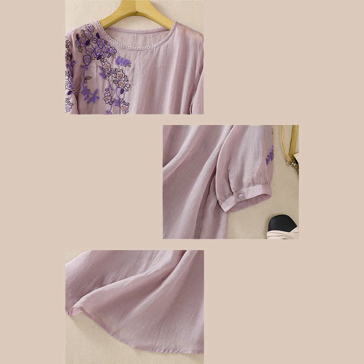 Buddha Stones Camicia da donna a maniche corte con scollo rotondo e ricamo floreale in stile retrò. - image 29