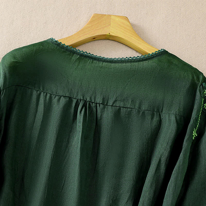 Buddha Stones Camicia da donna a maniche corte con scollo rotondo e ricamo floreale in stile retrò. - image 2