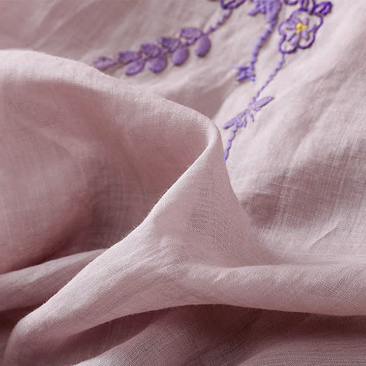 Buddha Stones Camicia da donna a maniche corte con scollo rotondo e ricamo floreale in stile retrò. - image 26