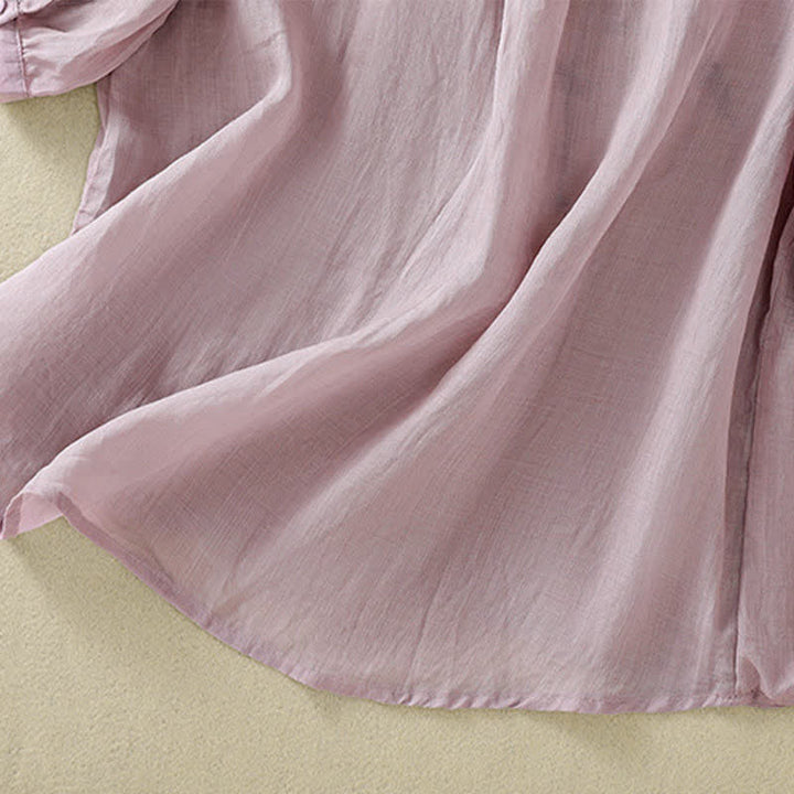 Buddha Stones Camicia da donna a maniche corte con scollo rotondo e ricamo floreale in stile retrò. - image 27