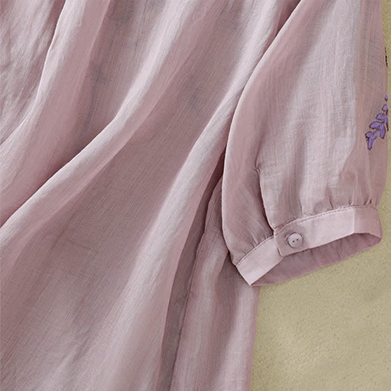 Buddha Stones Camicia da donna a maniche corte con scollo rotondo e ricamo floreale in stile retrò. - image 28