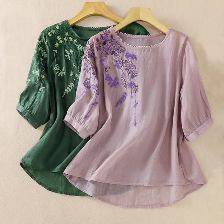 Buddha Stones Camicia da donna a maniche corte con scollo rotondo e ricamo floreale in stile retrò. - image 30