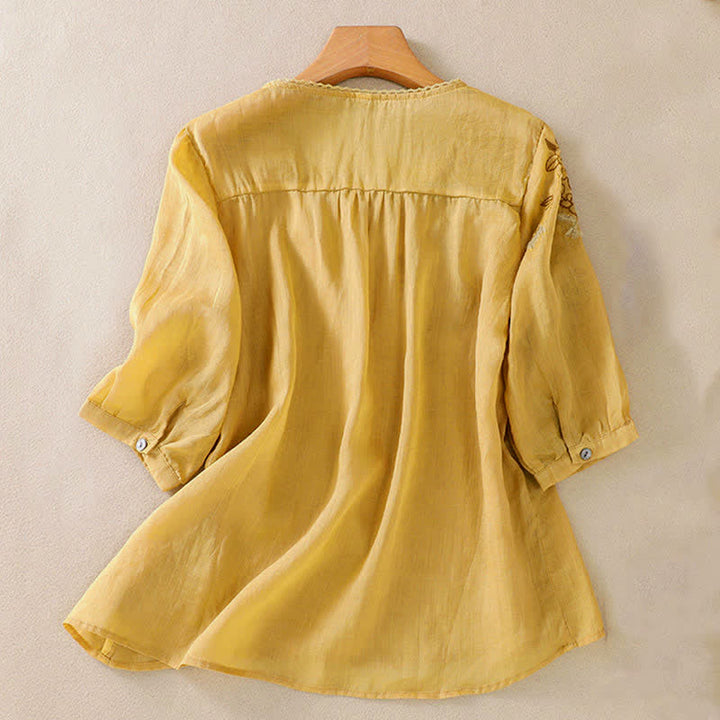 Buddha Stones Camicia da donna a maniche corte con scollo rotondo e ricamo floreale in stile retrò. - image 15