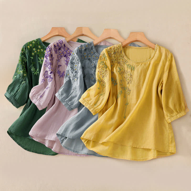 Buddha Stones Camicia da donna a maniche corte con scollo rotondo e ricamo floreale in stile retrò. - image 34