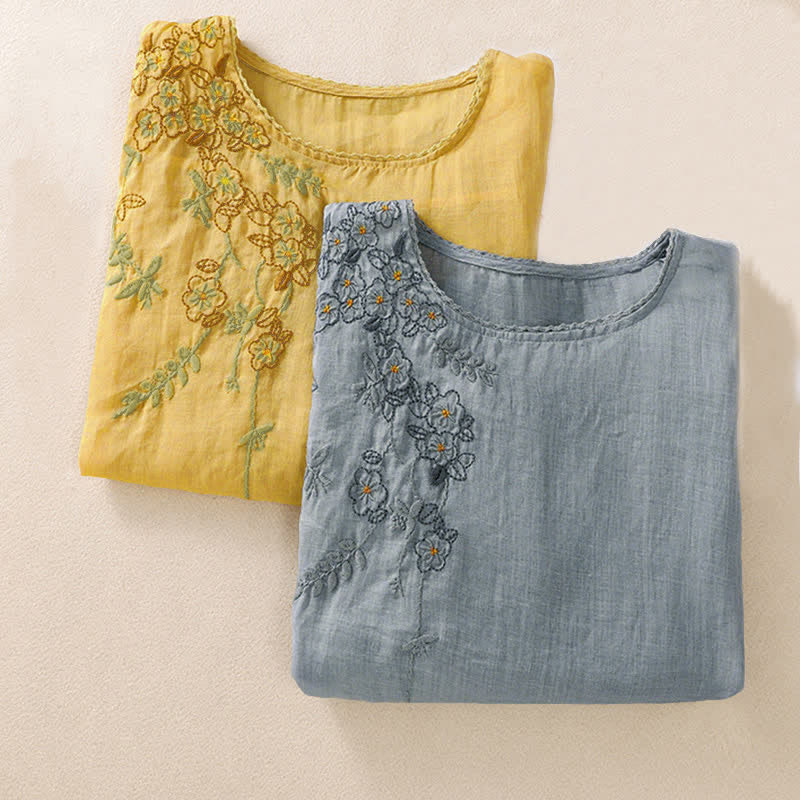 Buddha Stones Camicia da donna a maniche corte con scollo rotondo e ricamo floreale in stile retrò. - image 33