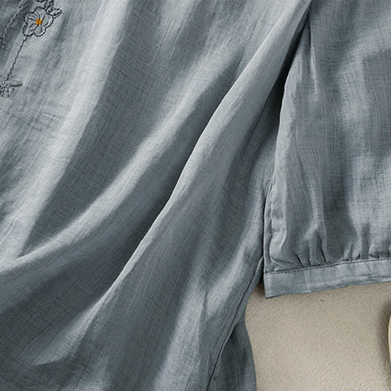 Buddha Stones Camicia da donna a maniche corte con scollo rotondo e ricamo floreale in stile retrò. - image 11