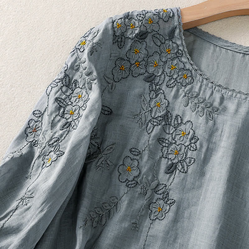 Buddha Stones Camicia da donna a maniche corte con scollo rotondo e ricamo floreale in stile retrò. - image 10