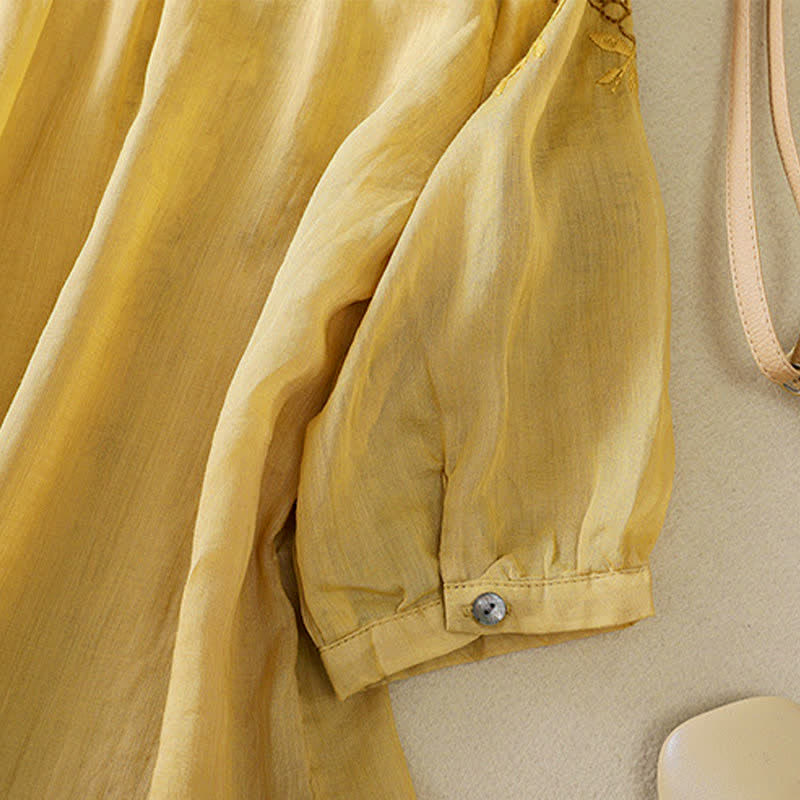 Buddha Stones Camicia da donna a maniche corte con scollo rotondo e ricamo floreale in stile retrò. - image 21