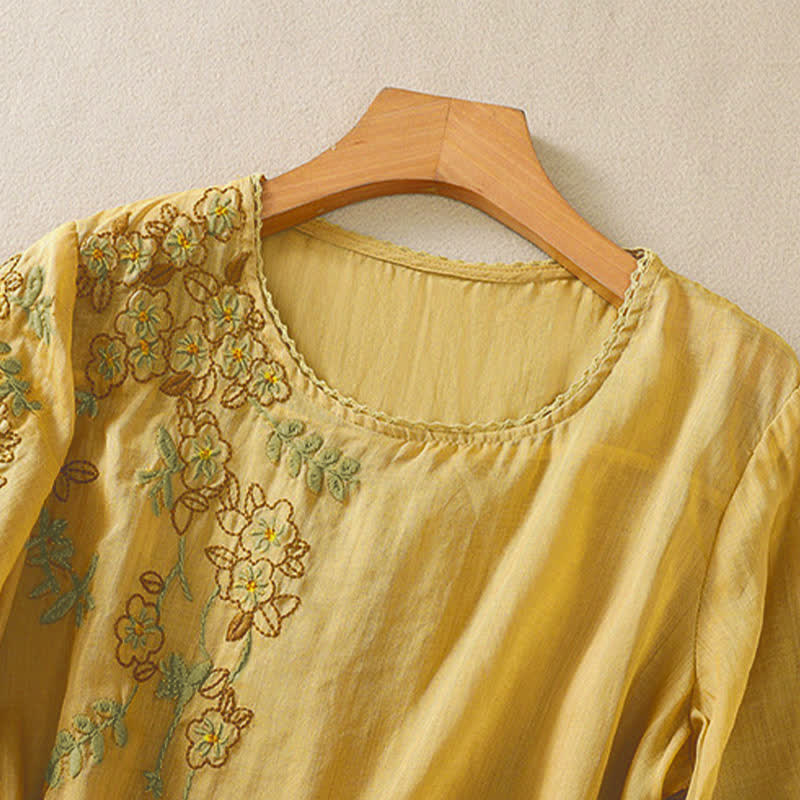 Buddha Stones Camicia da donna a maniche corte con scollo rotondo e ricamo floreale in stile retrò. - image 16