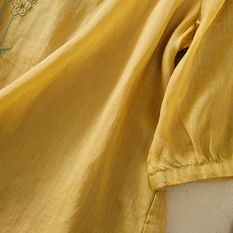 Buddha Stones Camicia da donna a maniche corte con scollo rotondo e ricamo floreale in stile retrò. - image 22