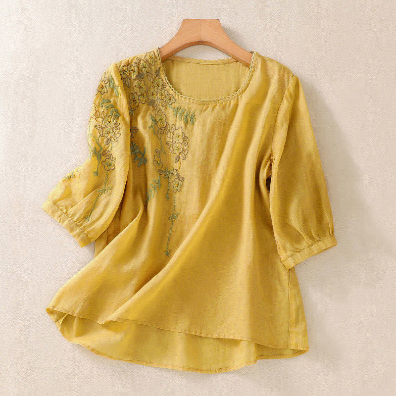 Buddha Stones Camicia da donna a maniche corte con scollo rotondo e ricamo floreale in stile retrò. - Oro - US8-10, UK/AU12-14, EU40-42 (2XL) - image 14