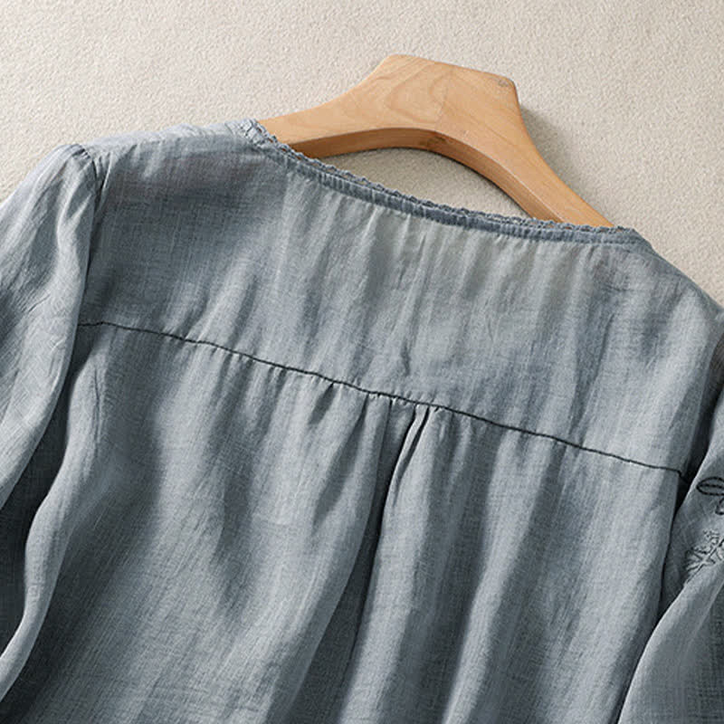 Buddha Stones Camicia da donna a maniche corte con scollo rotondo e ricamo floreale in stile retrò. - image 9