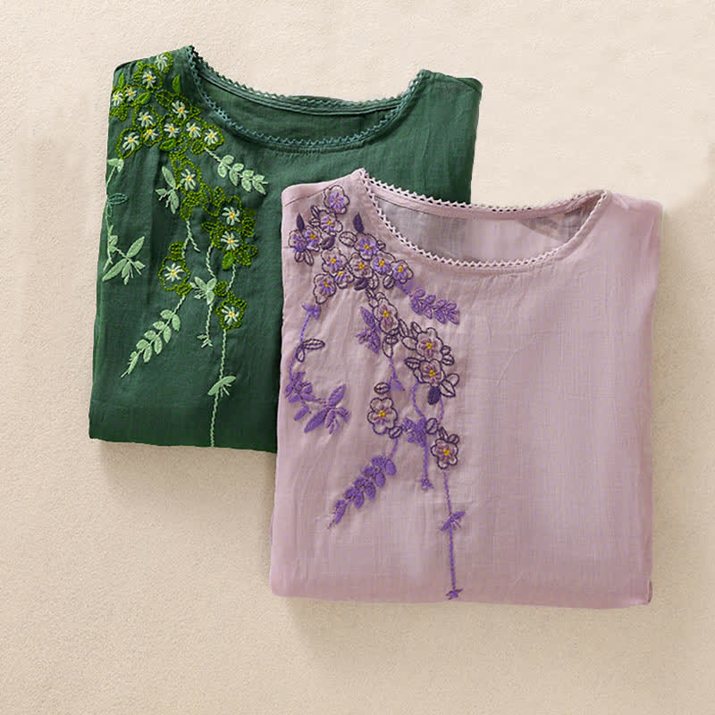 Buddha Stones Camicia da donna a maniche corte con scollo rotondo e ricamo floreale in stile retrò. - image 31