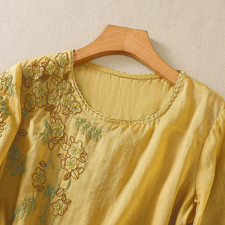 Buddha Stones Camicia da donna a maniche corte con scollo rotondo e ricamo floreale in stile retrò. - image 16