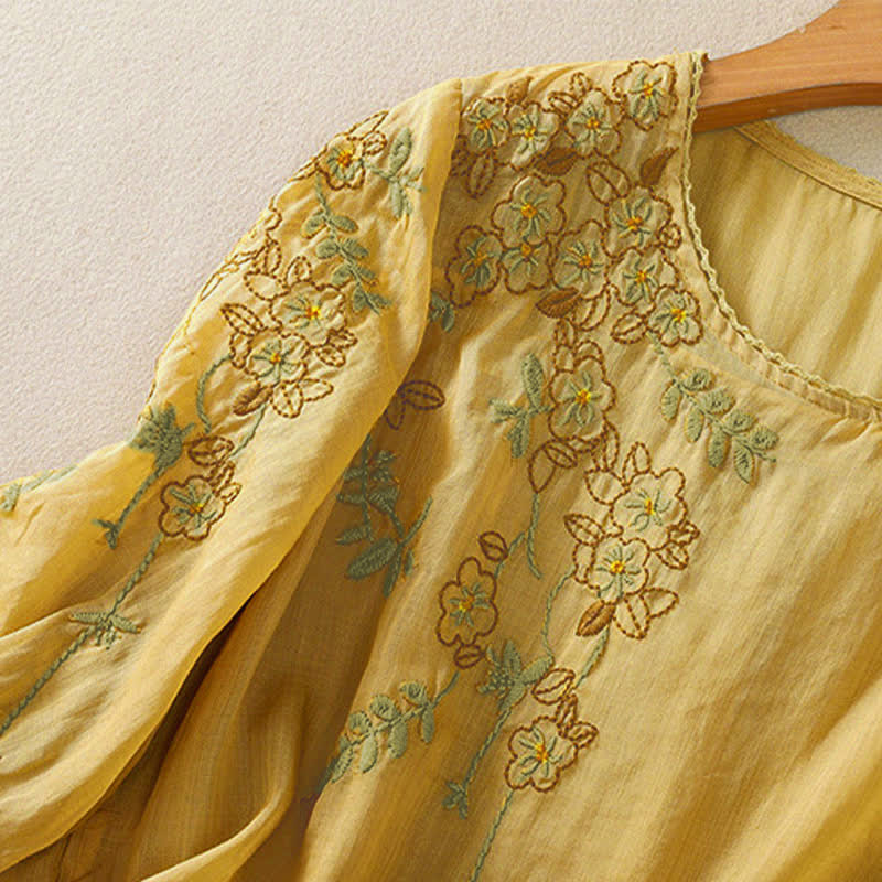 Buddha Stones Camicia da donna a maniche corte con scollo rotondo e ricamo floreale in stile retrò. - image 18
