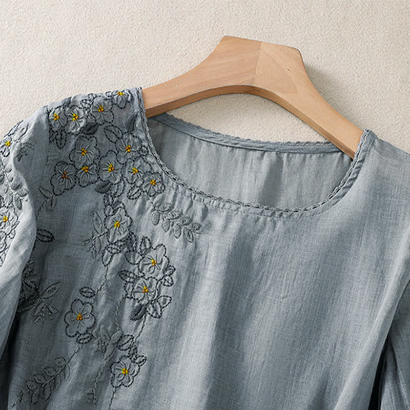 Buddha Stones Camicia da donna a maniche corte con scollo rotondo e ricamo floreale in stile retrò. - image 8