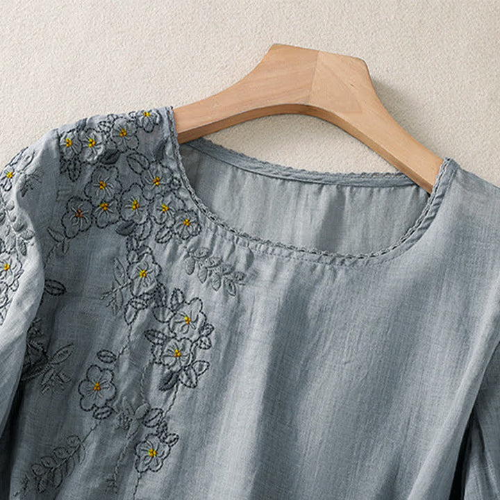 Buddha Stones Camicia da donna a maniche corte con scollo rotondo e ricamo floreale in stile retrò. - image 8