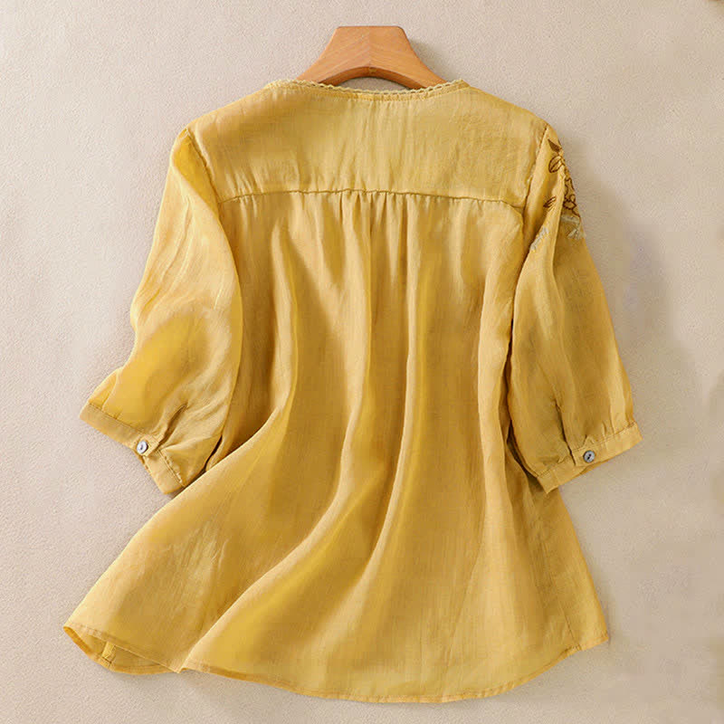 Buddha Stones Camicia da donna a maniche corte con scollo rotondo e ricamo floreale in stile retrò. - image 15