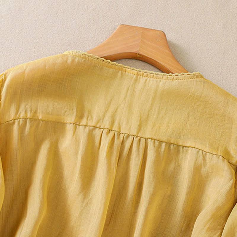 Buddha Stones Camicia da donna a maniche corte con scollo rotondo e ricamo floreale in stile retrò. - image 17