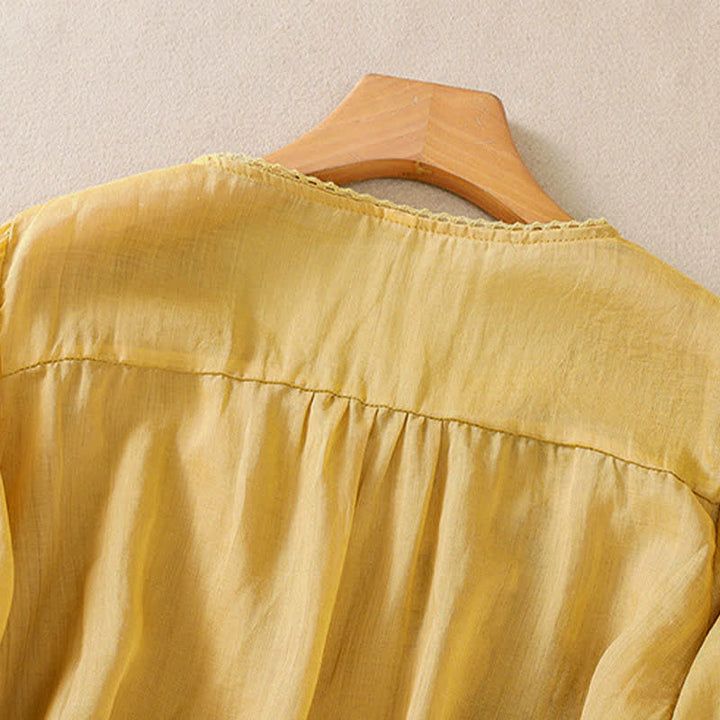 Buddha Stones Camicia da donna a maniche corte con scollo rotondo e ricamo floreale in stile retrò. - image 17