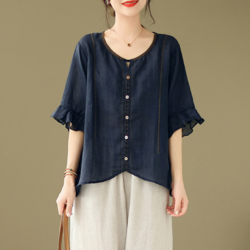Buddha Stones Camicia da donna a maniche corte svasate con scollo rotondo e bottoni ricamati - image 14