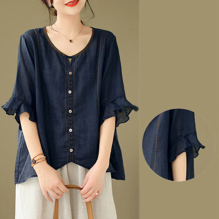 Buddha Stones Camicia da donna a maniche corte svasate con scollo rotondo e bottoni ricamati - image 18