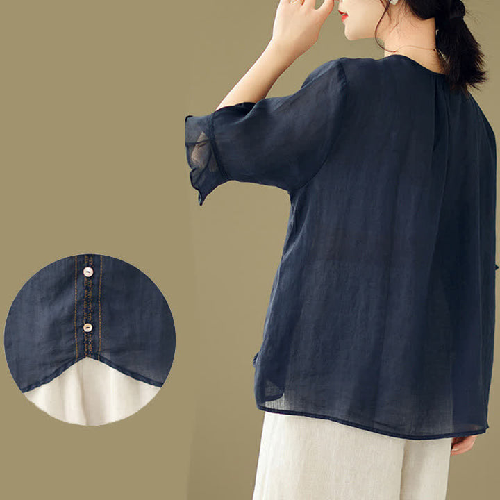Buddha Stones Camicia da donna a maniche corte svasate con scollo rotondo e bottoni ricamati - image 17