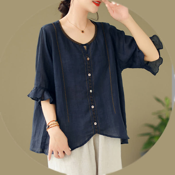 Buddha Stones Camicia da donna a maniche corte svasate con scollo rotondo e bottoni ricamati - image 15