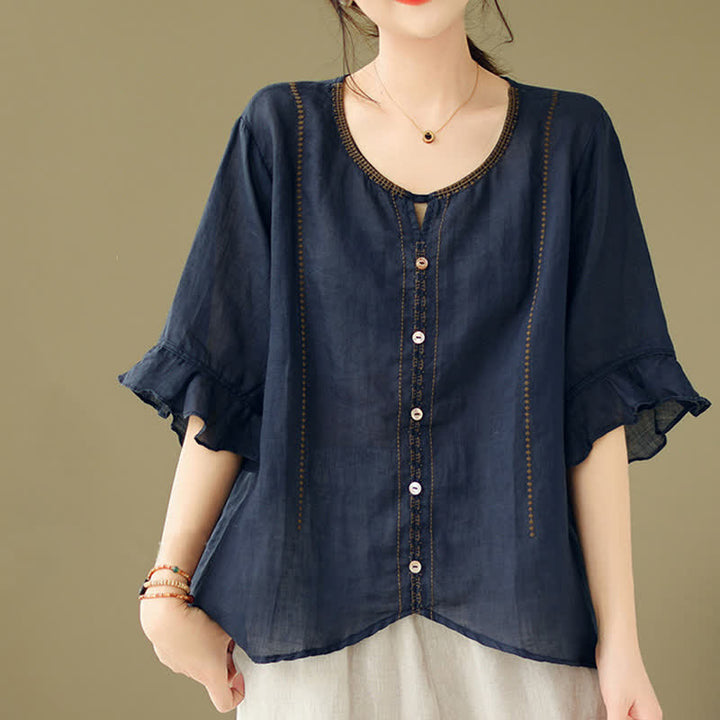 Buddha Stones Camicia da donna a maniche corte svasate con scollo rotondo e bottoni ricamati - image 16