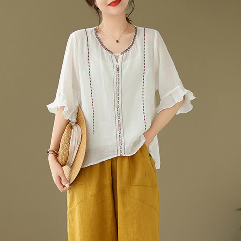 Buddha Stones Camicia da donna a maniche corte svasate con scollo rotondo e bottoni ricamati - image 3