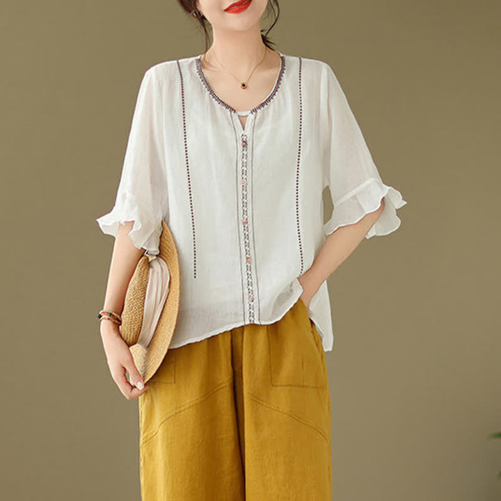 Buddha Stones Camicia da donna a maniche corte svasate con scollo rotondo e bottoni ricamati - image 3