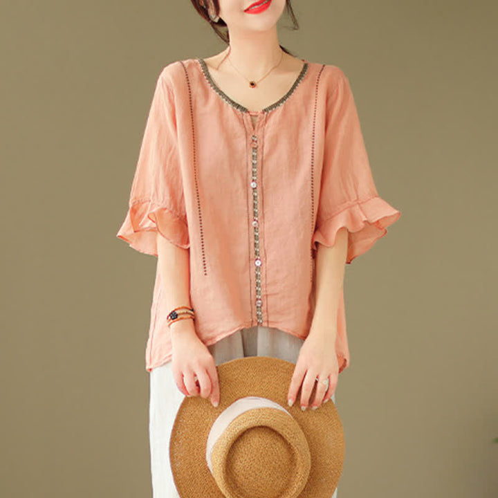 Buddha Stones Camicia da donna a maniche corte svasate con scollo rotondo e bottoni ricamati - image 22
