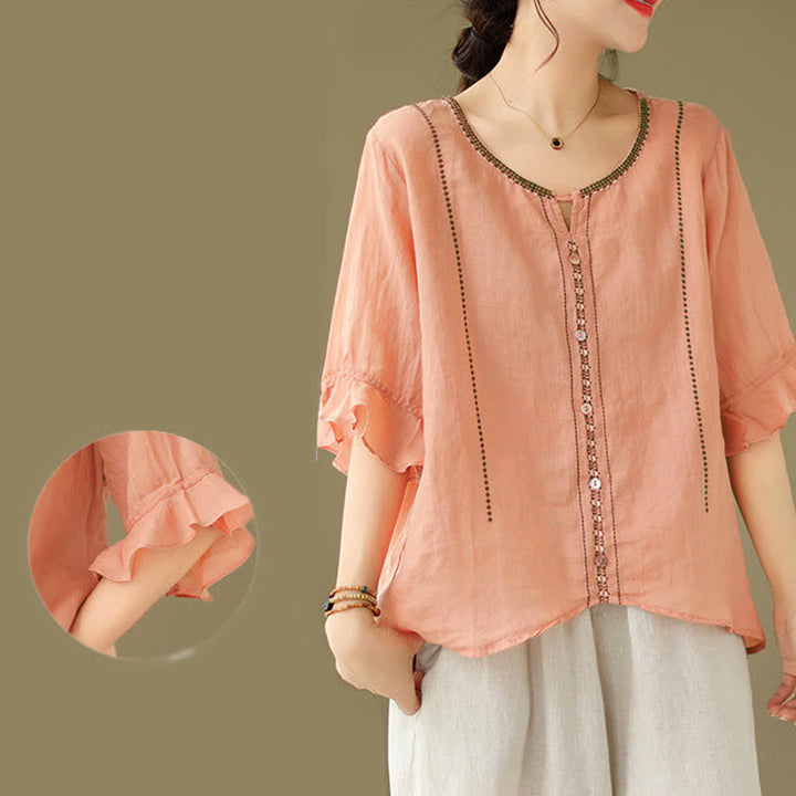 Buddha Stones Camicia da donna a maniche corte svasate con scollo rotondo e bottoni ricamati - image 23