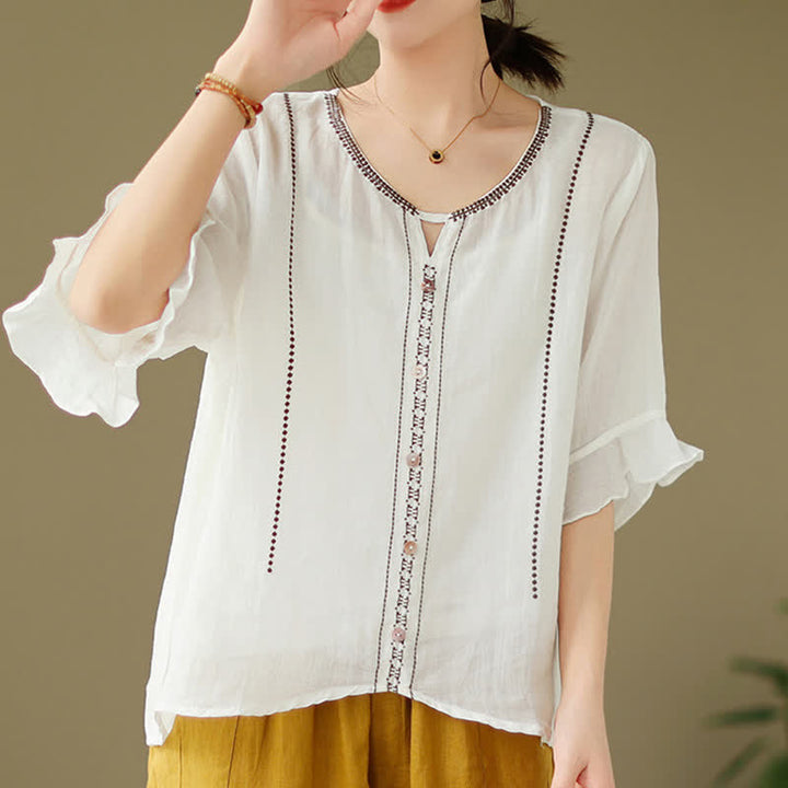 Buddha Stones Camicia da donna a maniche corte svasate con scollo rotondo e bottoni ricamati - image 2
