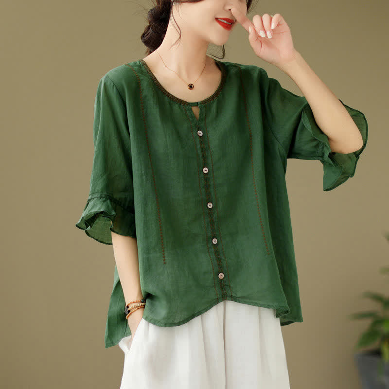 Buddha Stones Camicia da donna a maniche corte svasate con scollo rotondo e bottoni ricamati - Verde scuro - Tessuto leggero - image 6
