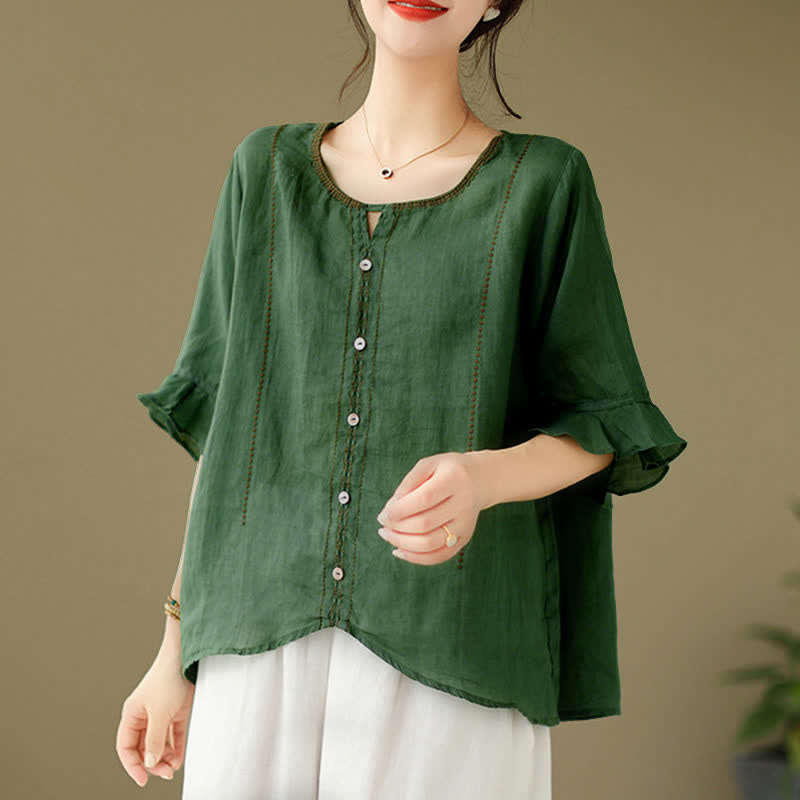 Buddha Stones Camicia da donna a maniche corte svasate con scollo rotondo e bottoni ricamati - image 8
