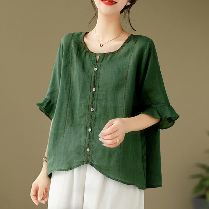 Buddha Stones Camicia da donna a maniche corte svasate con scollo rotondo e bottoni ricamati - image 8