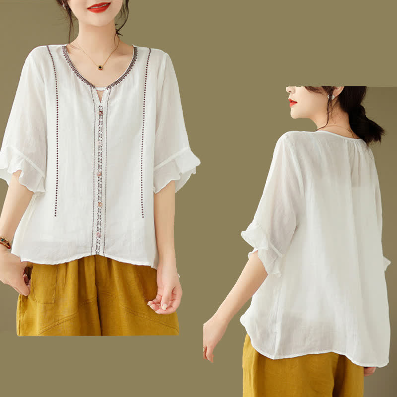 Buddha Stones Camicia da donna a maniche corte svasate con scollo rotondo e bottoni ricamati - image 5
