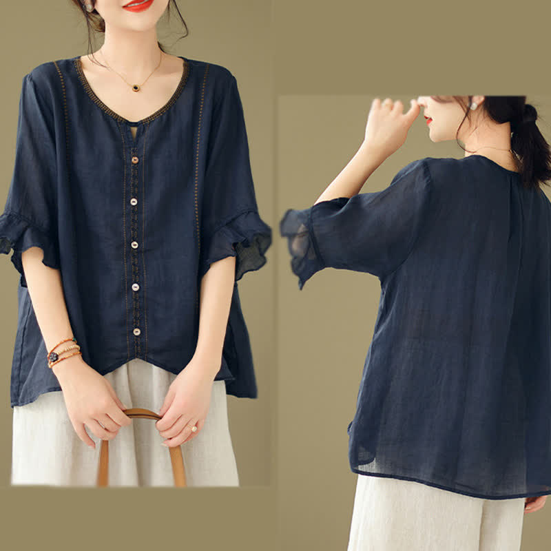 Buddha Stones Camicia da donna a maniche corte svasate con scollo rotondo e bottoni ricamati - image 19