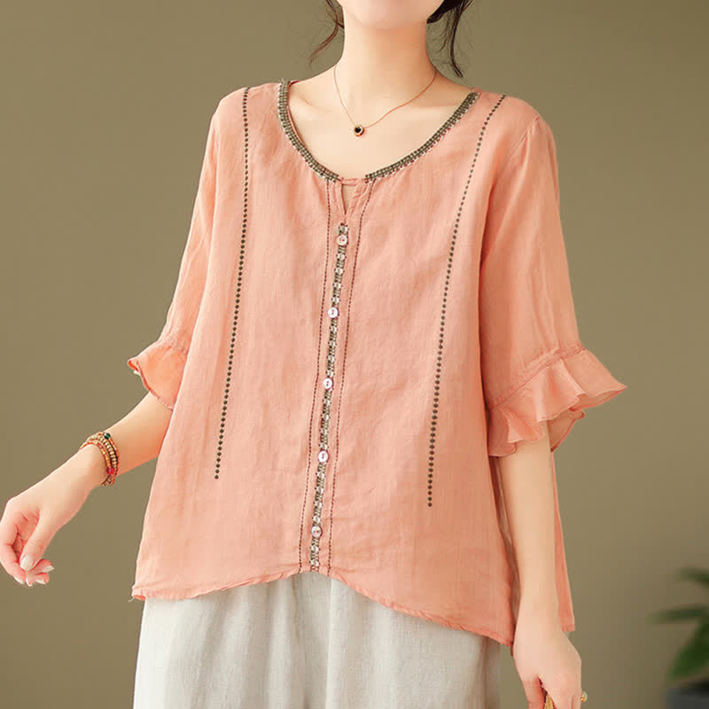 Buddha Stones Camicia da donna a maniche corte svasate con scollo rotondo e bottoni ricamati - image 21