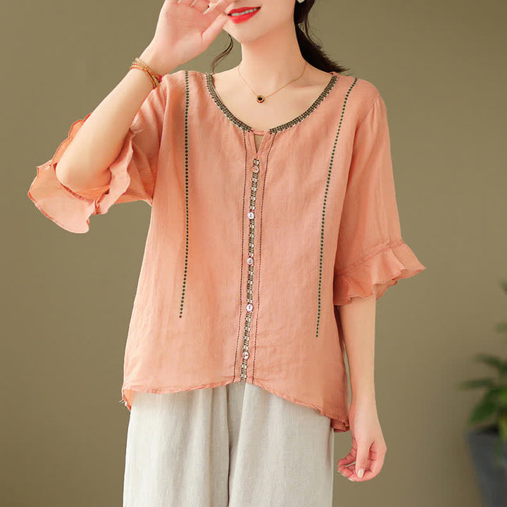 Buddha Stones Camicia da donna a maniche corte svasate con scollo rotondo e bottoni ricamati - Salmone chiaro - Tessuto leggero - image 20