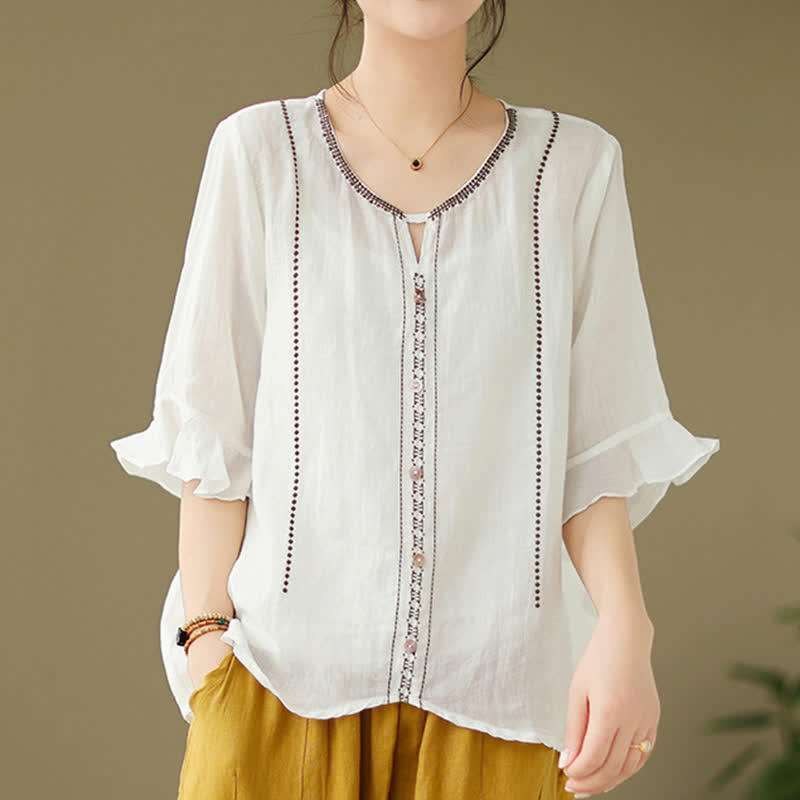 Buddha Stones Camicia da donna a maniche corte svasate con scollo rotondo e bottoni ricamati - image 1