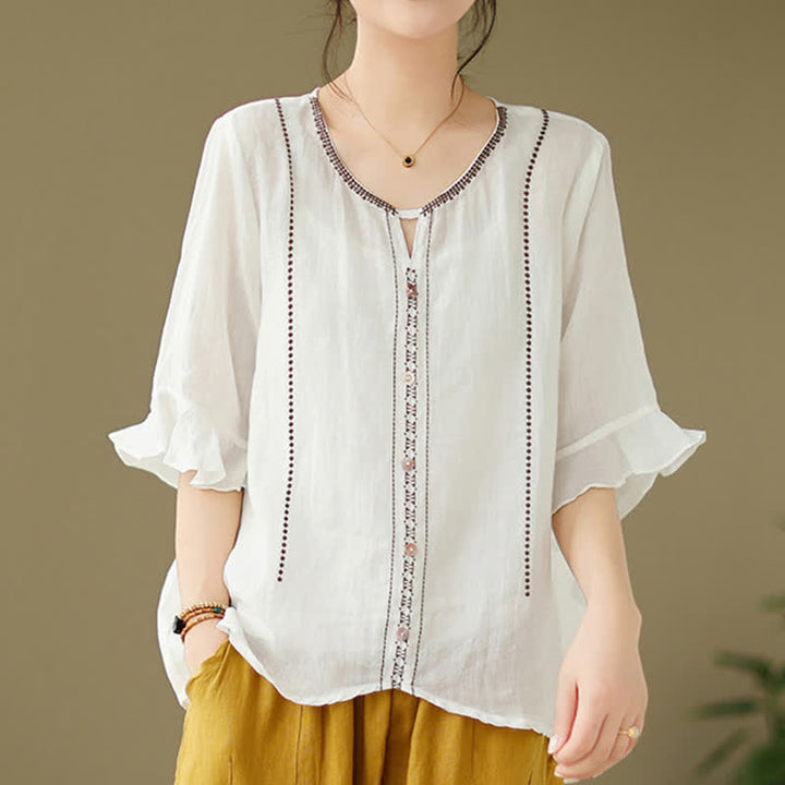 Buddha Stones Camicia da donna a maniche corte svasate con scollo rotondo e bottoni ricamati - image 1