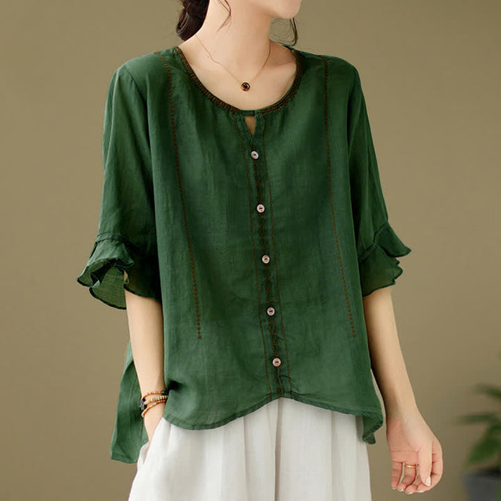 Buddha Stones Camicia da donna a maniche corte svasate con scollo rotondo e bottoni ricamati - image 9